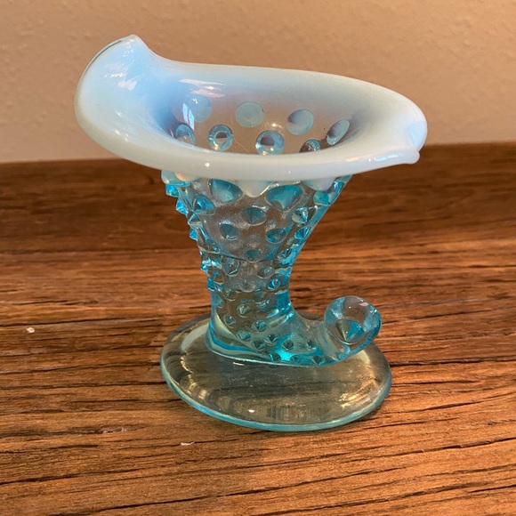 Fenton Blue Opalescent Hobnail Horn of Plenty 
Small Vase - Picture 4 of 8